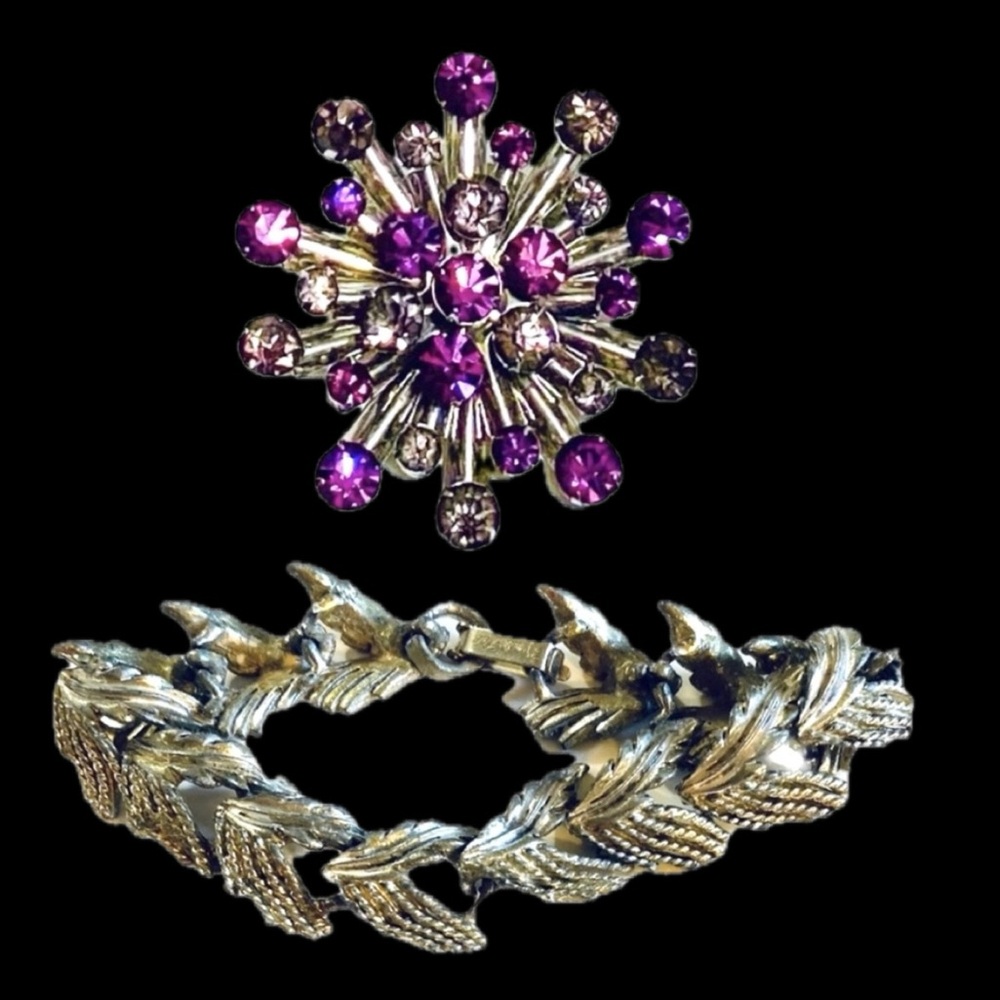 Vintage Purple Rhinestone Brooch in Silver Tone Setting & Judy Lee Brace…